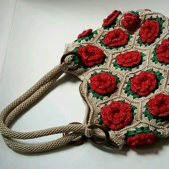 Vintage knit crochet sparkle large floral  bag - Picture 3 of 8